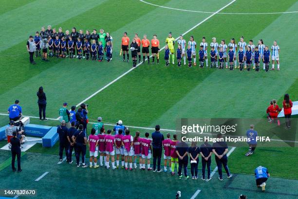 Teams line up for the national anthems during the International Friendly Match between New Zealand and Argentina which is part of the 2023 FIFA 2023...