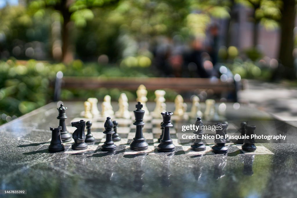 Chessboard on a game table, New York City, USA