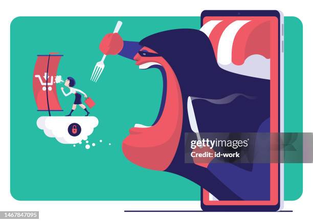 hacker chasing businesswoman on smartphone online store - robbery store clip art stock illustrations