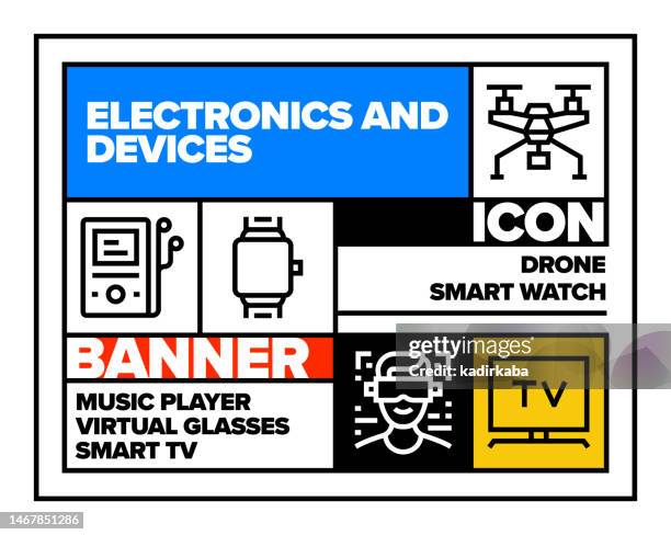 electronics and devices line icon set and banner design - digital clock stock illustrations
