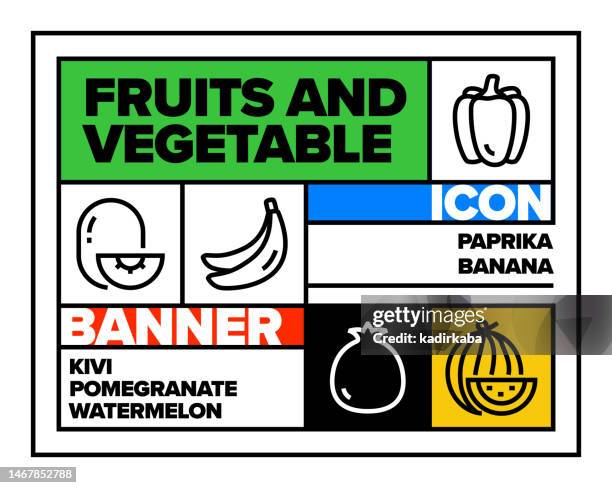obst- und gemüselinie icon set und banner design - coconut milk stock-grafiken, -clipart, -cartoons und -symbole