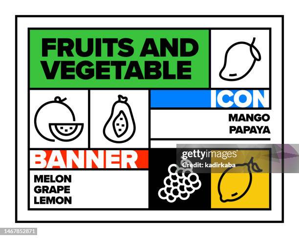 fruits and vegetable line icon set and banner design - lychee stock illustrations