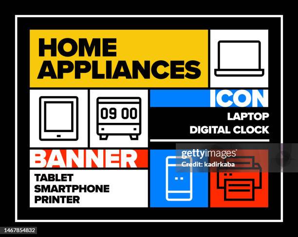 home appliances line icon set and banner design - electrical fire stock illustrations