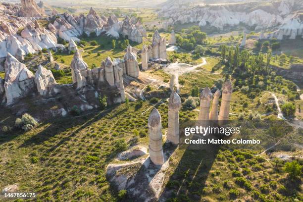 aerial view of the fairy chimneys, cappadocia - göreme stock pictures, royalty-free photos & images