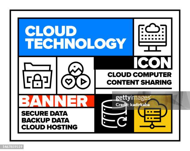 cloud technology line icon set and banner design - communications tower editable stock illustrations