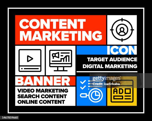 content marketing line icon set and banner design - interactive content stock illustrations