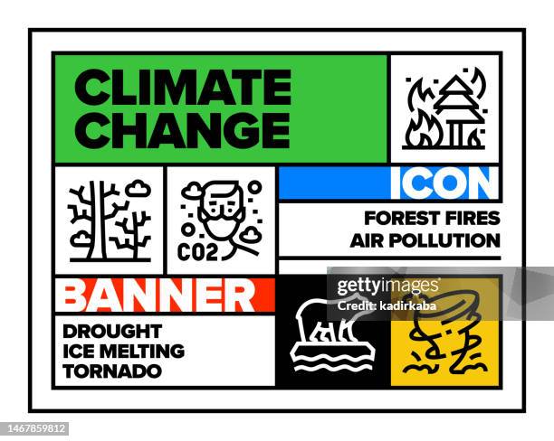 climate change line icon set and banner design - tsunami warning stock illustrations