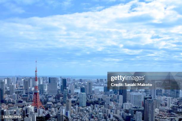 tokyo skyline on a cloudy day - cloudy day office building stockfoto's en -beelden