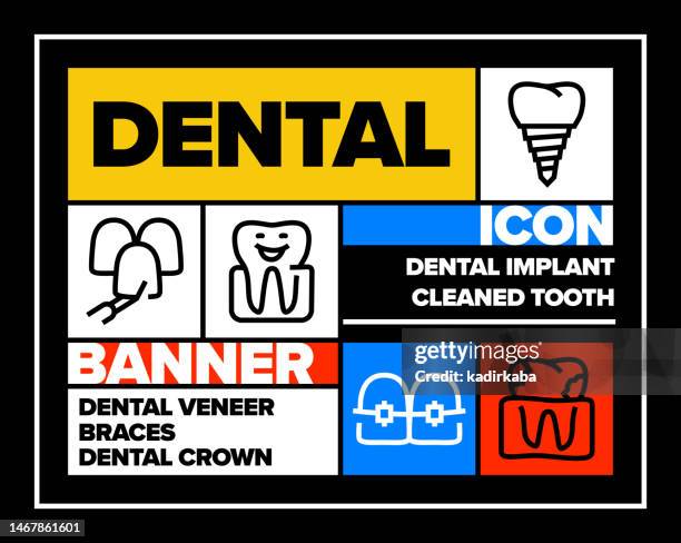 dental line icon set and banner design - dental filling stock illustrations