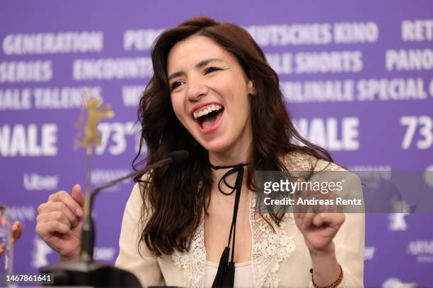Director Lila Aviles speaks at the "Totem" press conference during the 73rd Berlinale International Film Festival Berlin at Grand Hyatt Hotel on...