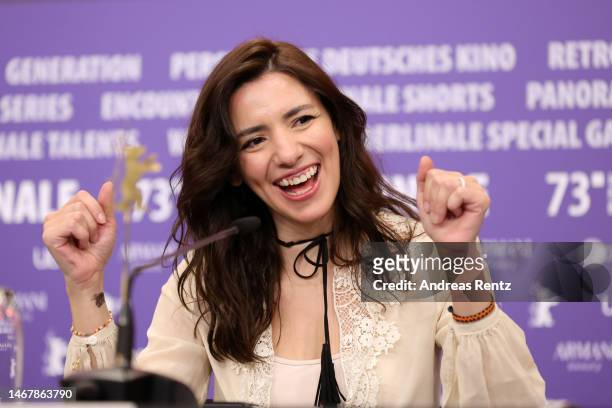 Director Lila Aviles speaks at the "Totem" press conference during the 73rd Berlinale International Film Festival Berlin at Grand Hyatt Hotel on...