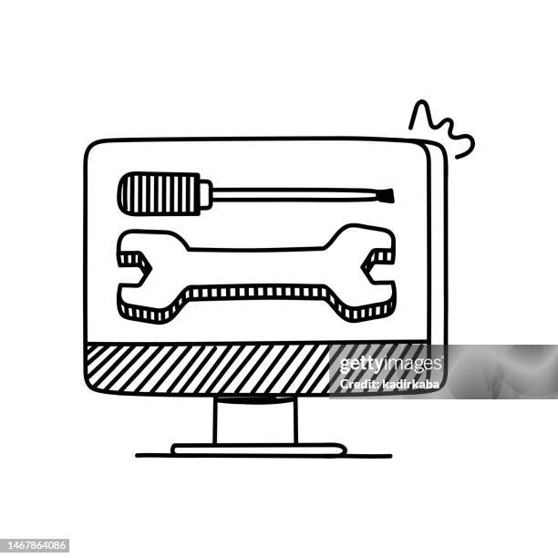 it support line icon, sketch design, pixel perfect, editable stroke, computer, service. - black computer engineer stock illustrations