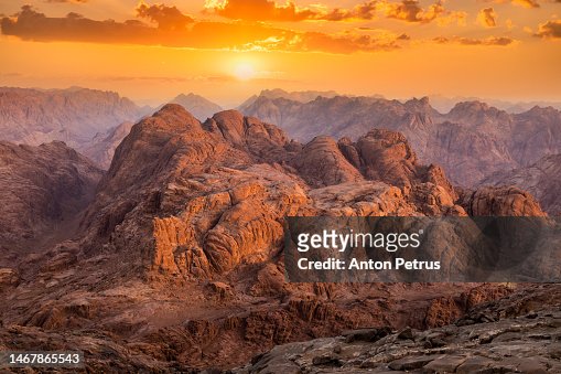 View from Mount Sinai at sunrise. Beautiful mountain landscape in Egypt
