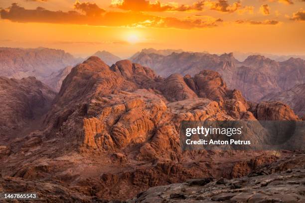 view from mount sinai at sunrise. beautiful mountain landscape in egypt - sinai stock pictures, royalty-free photos & images