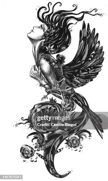 bird woman - black and white flower tattoo designs stock illustrations