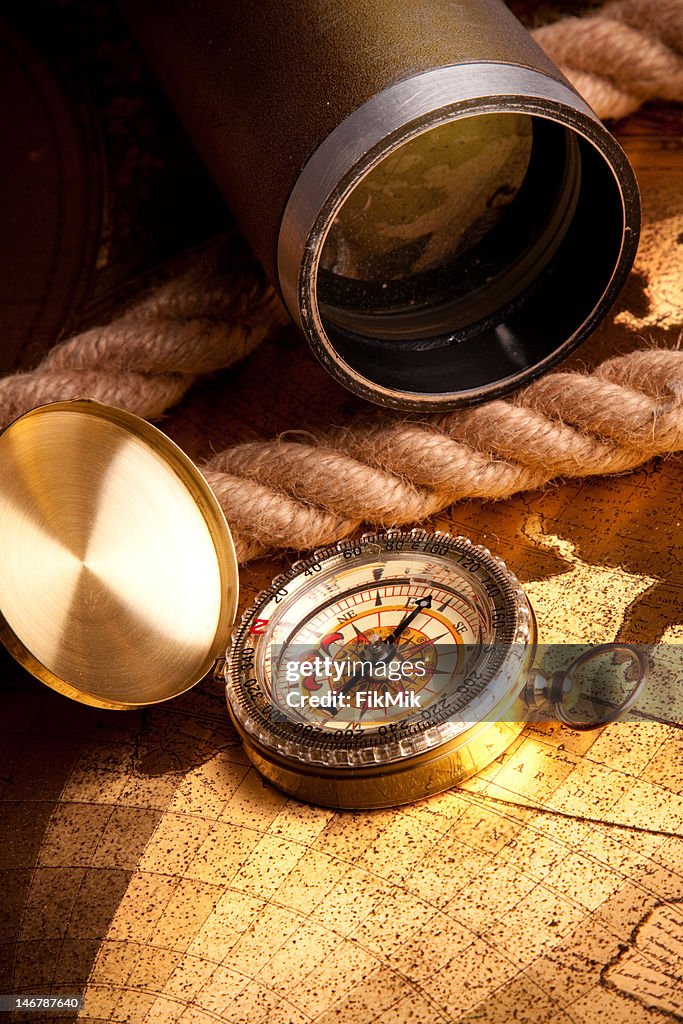Gold treasure map and compass