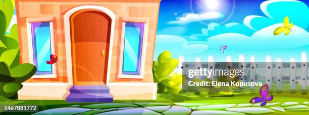 country summer vacation concept in cartoon style. front plot with a house, a path and a fence against the backdrop of a sunny summer landscape with butterflies. - private property stock illustrations