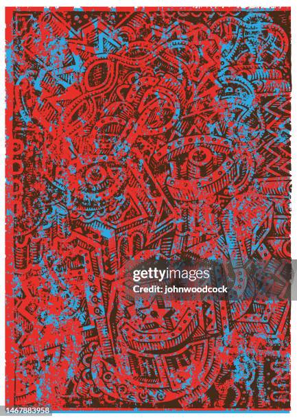 stockillustraties, clipart, cartoons en iconen met red and blue doodle illustration - indigenous art