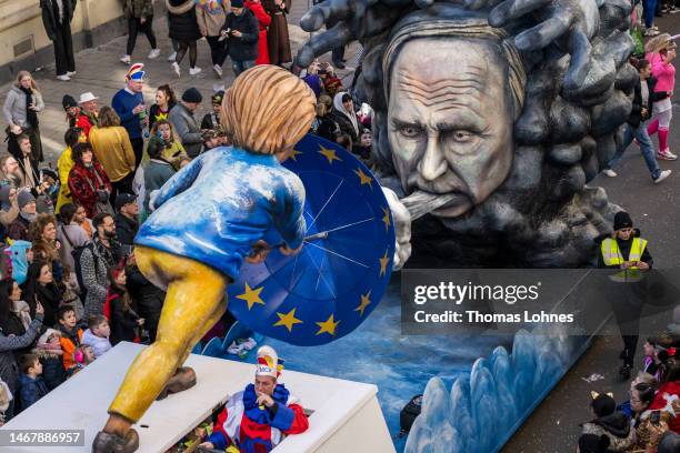 Satirical float shows the Russian President Vladimir Putin and European Commission President Ursula von der Leyen during the annual Rose Monday...