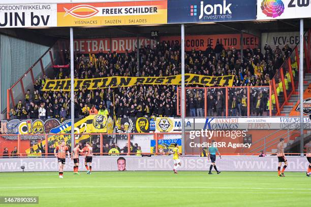 Fans of Vitesse with a banner about their deceased former player Christian Atsu during the Dutch Eredivisie match between FC Volendam and Vitesse at...