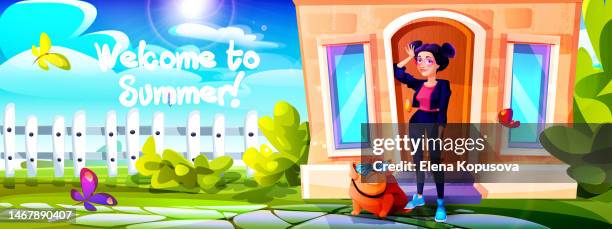 summer concept in cartoon style. a young girl with a bulldog goes for a walk from home on a sunny clear summer day. - private property stock illustrations