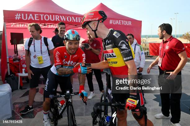 Caleb Ewan of Australia and Team Lotto Dstny congratulate to Tim Merlier of Belgium and Team Soudal Quick-Step stage winner at finish line during the...