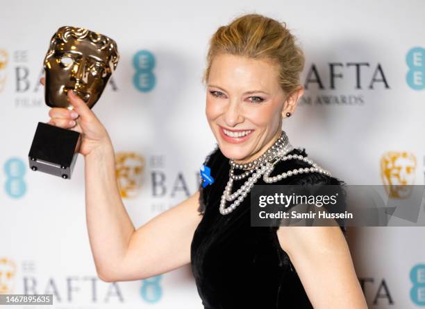 Cate Blanchett poses with the Leading Actress Award for her performance in 'Tár' during the 2023 EE BAFTA Film Awards 2023 at The Royal Festival Hall...