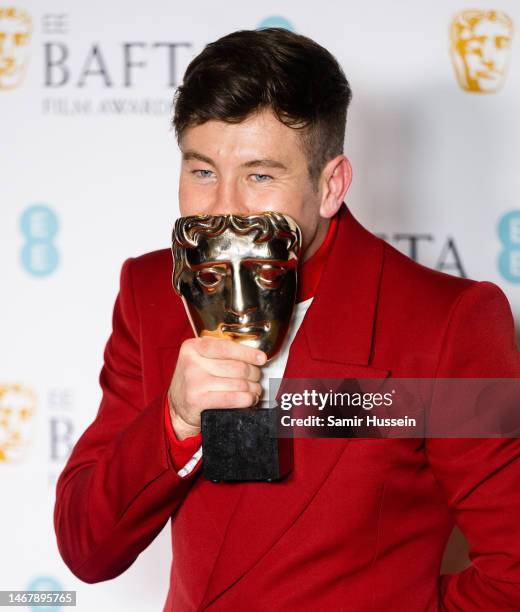 Barry Keoghan, winner of Best Supporting Actor for "The Banshees of Inisherin", poses in the Winners Room at the EE BAFTA Film Awards 2023 at The...