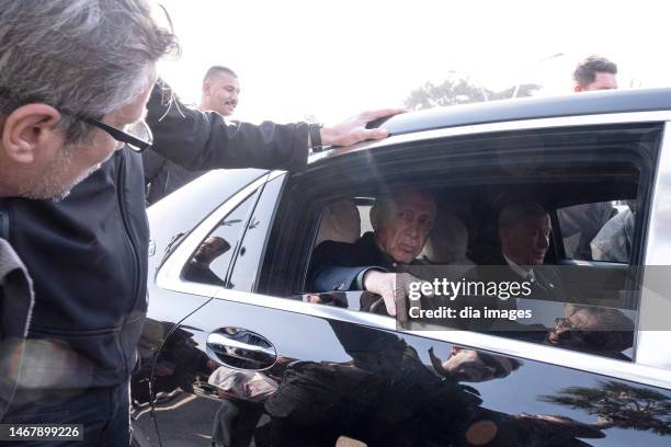 President Recep Tayyip Erdoğan and Devlet Bahçeli visit the earthquake zone for the first time on February 20, 2023 in Hatay, Türkiye. The death toll...