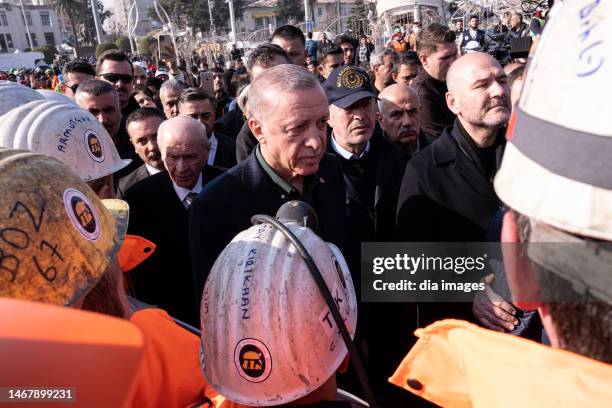 President Recep Tayyip Erdoğan visits the earthquake zone for the first time on February 20, 2023 in Hatay, Türkiye. The death toll from a...