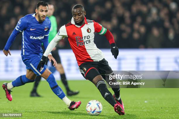 Lutsharel Geertruida of Feyenoord during the Dutch Eredivisie match between Feyenoord and AZ at Stadion Feijenoord on February 18, 2023 in Rotterdam,...