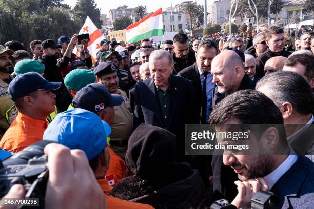 President Recep Tayyip Erdoğan visits the earthquake zone for the first time on February 20, 2023 in Hatay, Türkiye. The death toll from a...