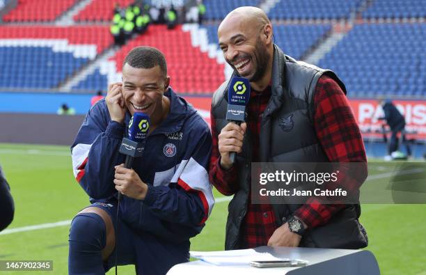 Kylian Mbappe of PSG answers to Thierry Henry, pundit for Amazon Prime Video following the Ligue 1 match between Paris Saint-Germain and Lille OSC at...