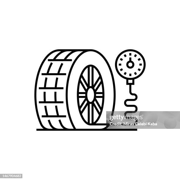 ilustraciones, imágenes clip art, dibujos animados e iconos de stock de llanta desinflada, icono de línea de servicio de automóviles - flat tire