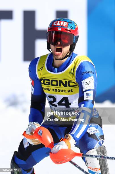 Ginnis of Greece celebrates following their second run of Men's Slalom at the FIS Alpine World Ski Championships on February 19, 2023 in Courchevel,...