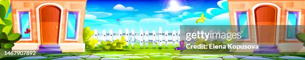 stockillustraties, clipart, cartoons en iconen met facade plot with houses, a path and a fence against the backdrop of a sunny summer landscape with butterflies. panoramic view in cartoon style. - private property