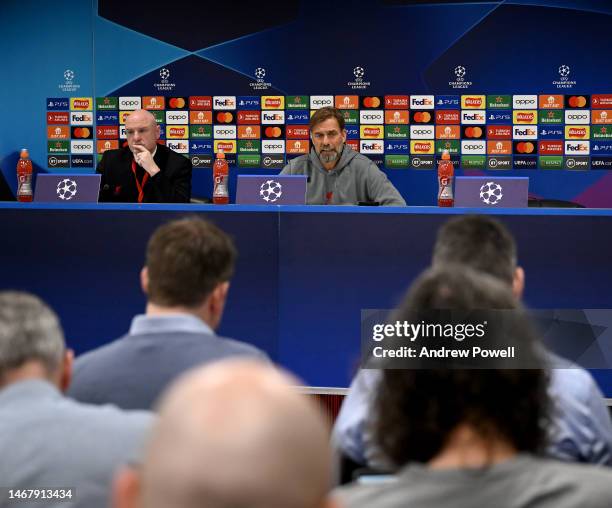 Jurgen Klopp manager of Liverpool during a press conference ahead of their UEFA Champions League round of 16 match against Real Madrid at Anfield on...