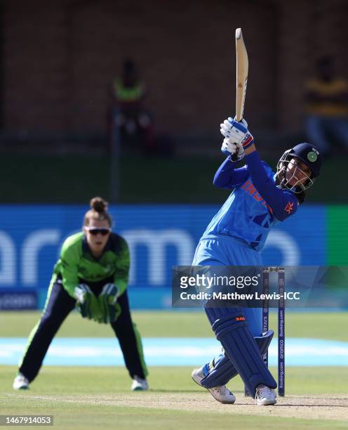 Smriti Mandhana of India plays a shot as Mary Waldron of Ireland keeps during the ICC Women's T20 World Cup group B match between India and Ireland...