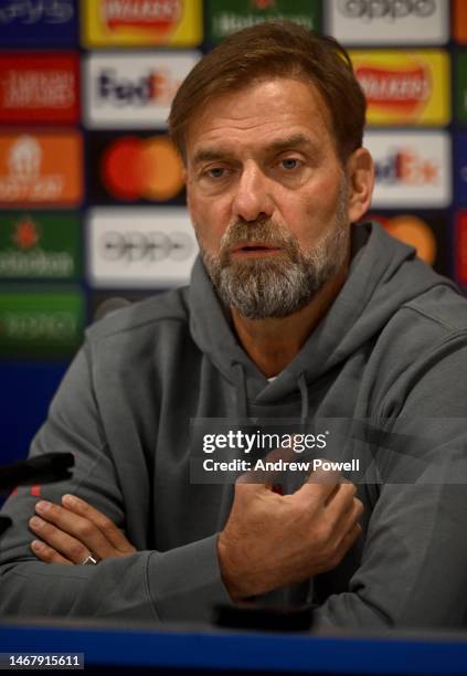 Jurgen Klopp manager of Liverpool during a press conference ahead of their UEFA Champions League round of 16 match against Real Madrid at Anfield on...