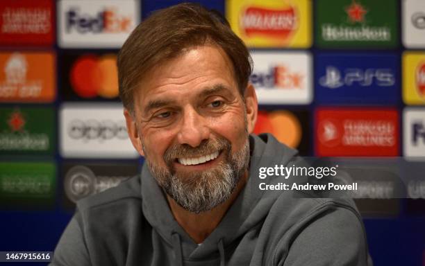 Jurgen Klopp manager of Liverpool during a press conference ahead of their UEFA Champions League round of 16 match against Real Madrid at Anfield on...