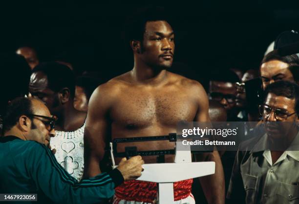 Heavyweight champion George Foreman pictured during weigh-in ahead of his fight against challenger Muhammad Ali in Kinshasa, Zaire, on October 26th,...