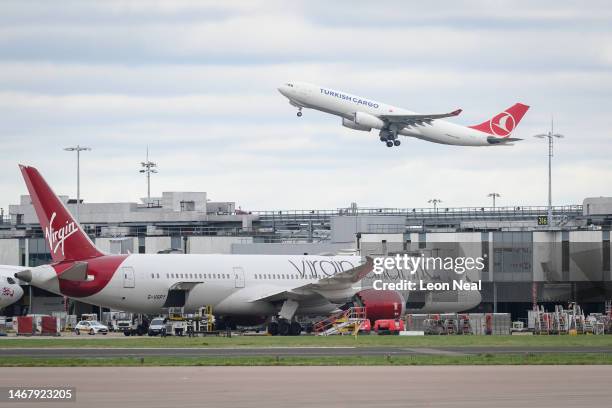 Cargo plane carrying donated items destined for victims of the major earthquake in Turkey takes off at Heathrow Airport on February 20, 2023 in...