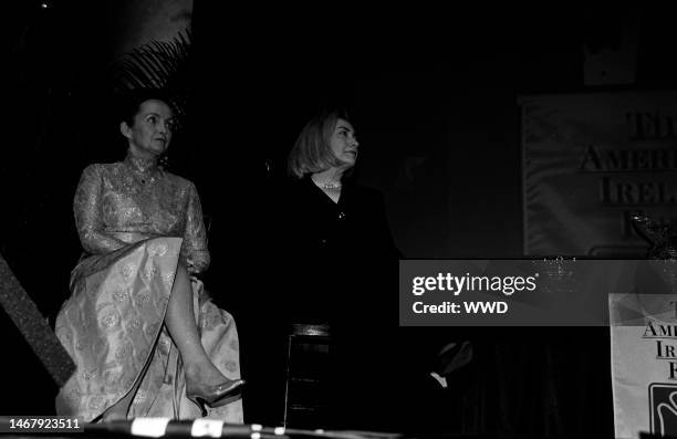 Loretta Brennan and Hillary Rodham Clinton appear osntage during an event at the National Building Museum in Washington, D.C., on March 18, 1996.
