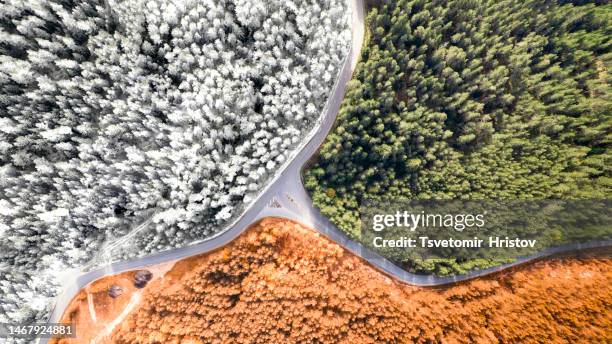 aerial view of a highway road through the forest in spring, summer, winter and autumn. - las cuatro estaciones fotografías e imágenes de stock