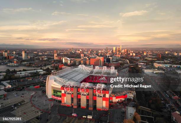 An aerial view of Old Trafford Stadium after the Premier League match between Manchester United and Leicester City at Old Trafford on February 19,...