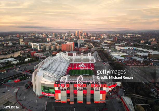 An aerial view of Old Trafford Stadium after the Premier League match between Manchester United and Leicester City at Old Trafford on February 19,...