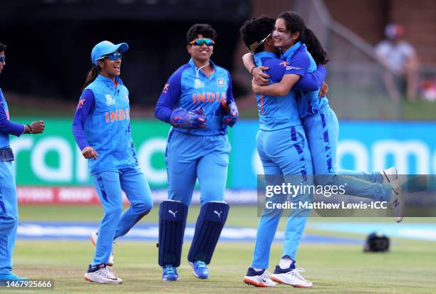 Renuka Thakur of India celebrates the wicket of Orla Prendergast of Ireland during the ICC Women's T20 World Cup group B match between India and...