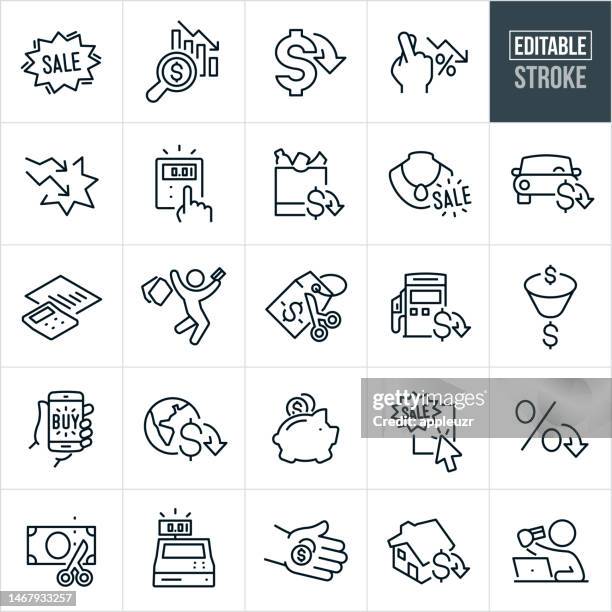 affordability, price drop and sales thin line icons - editable stroke - affordable housing stock illustrations