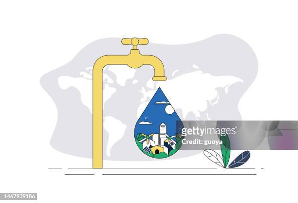 tap, water drop, house, wind turbine. concept map of water conservation and environmental protection. - scarce stock illustrations