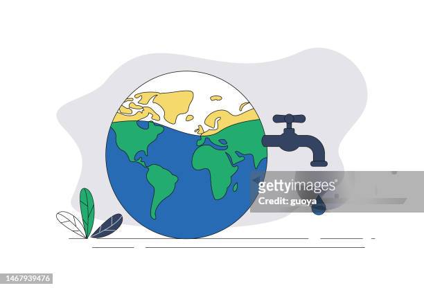 stockillustraties, clipart, cartoons en iconen met faucet, water drop, globe. water saving and environmental protection concept illustration. - water valve